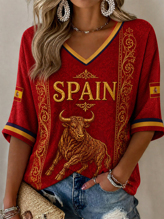 Women's Spain Print Casual Half-Sleeves V-Neck T-Shirt