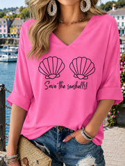 Women's Pink Wig Mermaid March Breast Cancer Awareness Print Mid-length Sleeves V-Neck T-Shirt
