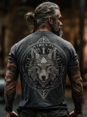 Men's retro Viking wolf pattern printed casual short-sleeve T-shirt