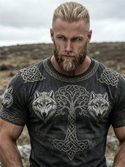 Men's Vintage Viking Tree of Life & Wolves Celtic Knot Print short sleeves t-shirt