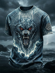 Men's retro Viking wolf pattern printed casual short-sleeve T-shirt