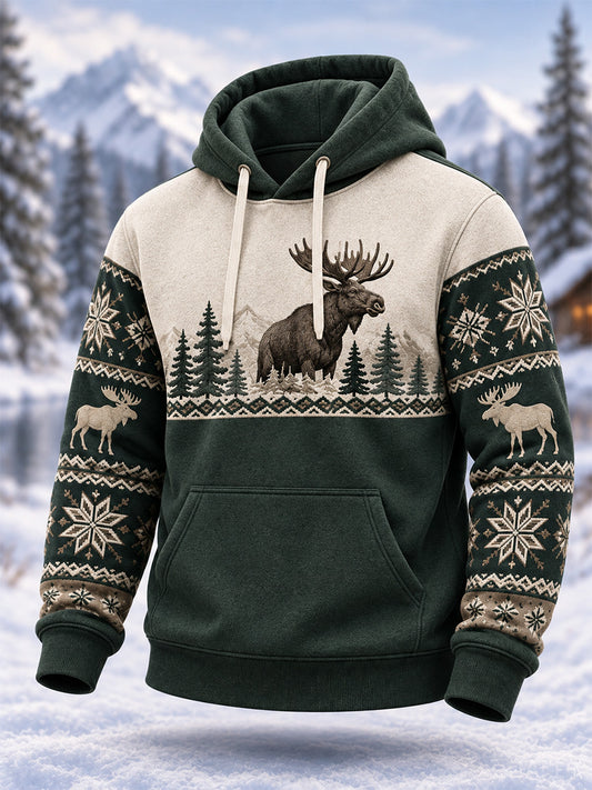 Men's Winter Moose Print Casual Hoodie