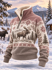 Women's Winter Moose Print Casual Plush Zipper Pullover
