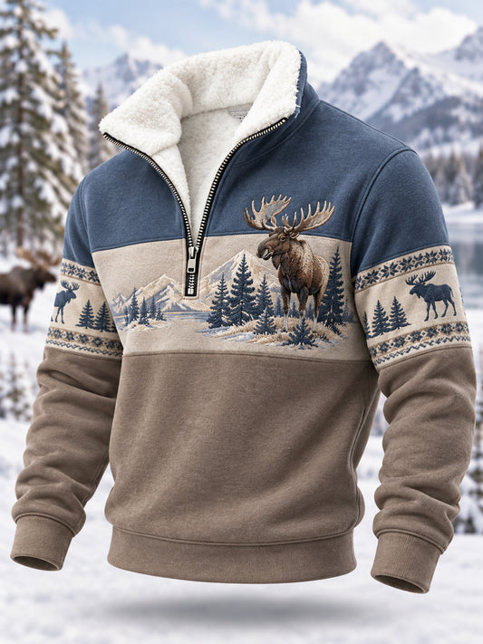 Men's Winter Moose Print Casual Plush Zipper Pullover
