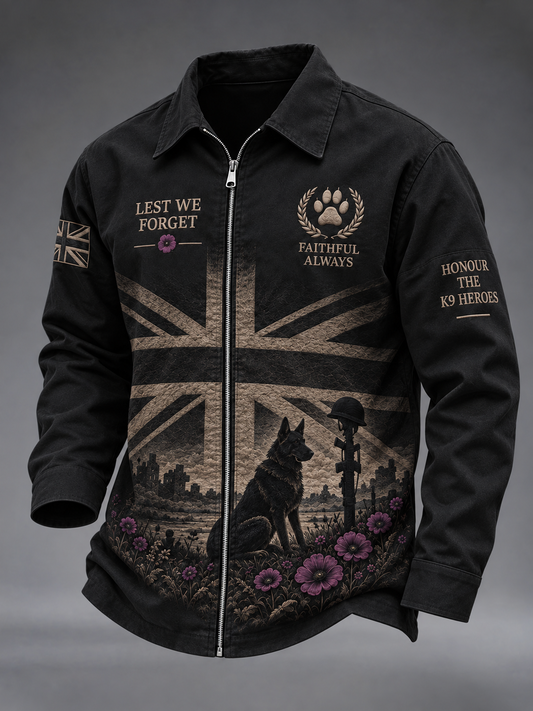 Men's Lest We Forget Military Dog Print Zip-Up Jacket
