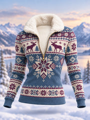 Women's Geometric Motifs Moose Print Casual Plush Zipper Pullover