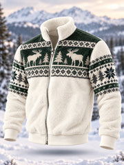 Men's Geometric Motifs Moose Print Casual Flannel Zipper Jacket