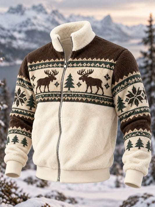 Men's Geometric Motifs Moose Print Casual Flannel Zipper Jacket