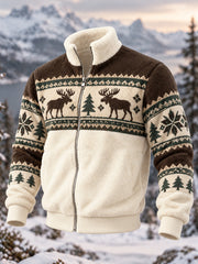Men's Geometric Motifs Moose Print Casual Flannel Zipper Jacket
