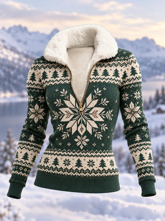 Women's Geometric Motifs Print Casual Plush Zipper Pullover