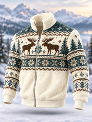 Men's Geometric Motifs Moose Print Casual Flannel Zipper Jacket