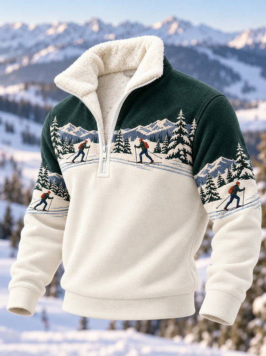 Men's Ski Lovers Ready For Ski Season Casual Plush Zipper Pullover