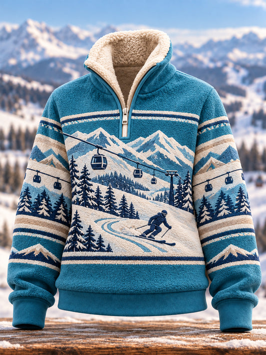 Women's Ski Lovers Ready For Ski Season Casual Plush Zipper Pullover
