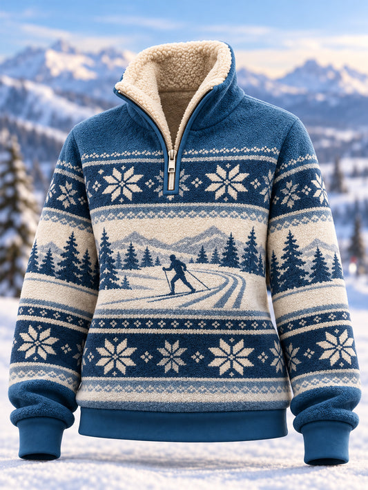Women's Ski Lovers Ready For Ski Season Casual Plush Zipper Pullover