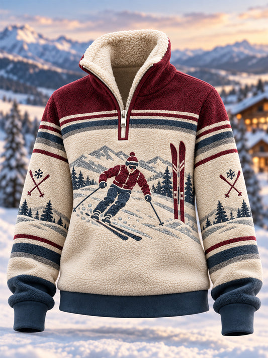 Women's Ski Lovers Ready For Ski Season Casual Plush Zipper Pullover