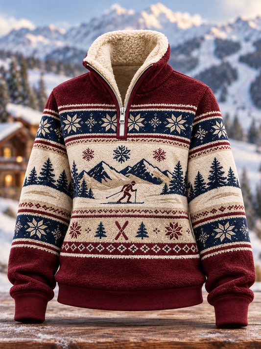 Women's Ski Lovers Ready For Ski Season Casual Plush Zipper Pullover