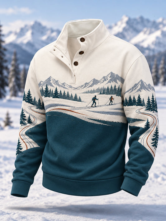 Men's Ski Lovers Ready For Ski Season Casual Buttons Pullover