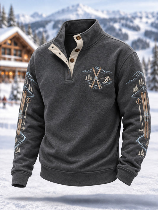Men's Ski Lovers Ready For Ski Season Casual Buttons Pullover