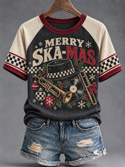 Women's Merry Ska Christmas Print Round Neck T-shirt