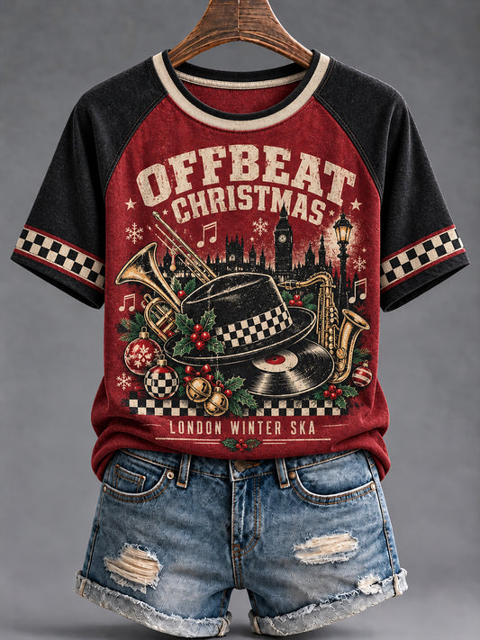 Women's Merry Ska Christmas Print Round Neck T-shirt