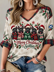 Women's Scottish Christmas Printed Mid-length Sleeves V-Neck T-Shirt