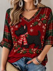 Women's Scottish Christmas Printed Mid-length Sleeves V-Neck T-Shirt