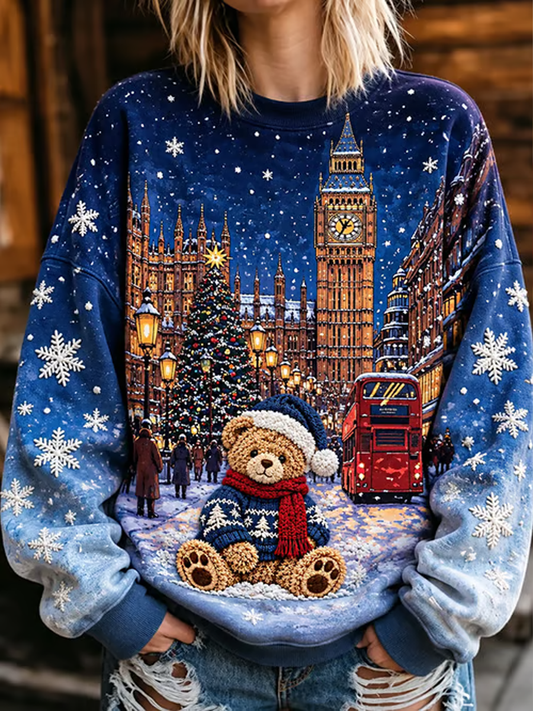 Women's British-Style Christmas Art-Print Regular Sweatshirt