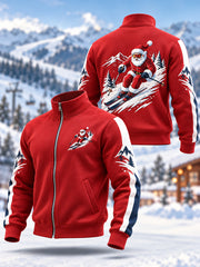 Men's Santa Claus Skiing Ready For Ski Season Casual Zipper Sweatshirt